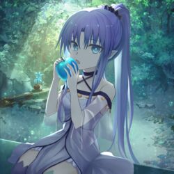  apple asymmetrical_legwear bare_shoulders blue_dress blue_eyes blue_hair blue_thighhighs blush breasts collarbone dress eating fate/grand_order fate_(series) female food fruit green_thighhighs kaze_minoru_so-ru long_hair looking_at_viewer medea_(lily)_(fate) mismatched_legwear pelvic_curtain pointy_ears ponytail sidelocks sitting small_breasts solo thighhighs tree 