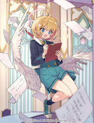  +_+ angel_wings antenna_hair black_jacket black_socks blonde_hair blue_eyes blue_footwear blue_skirt buttons cardfight!!_vanguard clipboard collared_shirt commentary_request copyright_notice double-breasted feathered_wings female full_body halo holding jacket long_sleeves miyoshino official_art open_mouth quill shirt shoes siguel_(cardfight!!_vanguard) skirt socks solo sparkle v-shaped_eyebrows white_shirt white_wings wings 