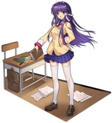  :d academic_test ark_order bag beige_jacket blue_skirt book bookbag brown_footwear clannad desk emblem faux_figurine female fujibayashi_kyou full_body hair_intakes hair_ribbon hand_on_own_hip hikarizaka_private_high_school_uniform holding holding_book jacket loafers long_hair notebook official_art open_mouth pen pleated_skirt pppppan purple_eyes purple_hair ribbon sailor_collar school_uniform shoes sidelocks skirt sleeve_cuffs smile solo standing test_score thighhighs transparent_background white_ribbon white_thighhighs wooden_floor 