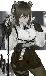  animal_ears animal_hands arknights barcode black_neckwear brown_eyes brown_hair brown_pantyhose brown_shorts buckle buttons claws closed_mouth collared_shirt commentary cross_tie dress_shirt e_draw_paint expressionless female flower freckles hair_between_eyes hair_ornament high-waist_shorts highres holding holding_flower long_hair long_sleeves looking_at_viewer low_ponytail o-ring pantyhose polka_dot polka_dot_shirt pouch raccoon_ears raccoon_girl robin_(arknights) shirt shorts sidelocks solo standing white_flower white_hair white_shirt wing_collar 