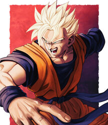  1boy absurdres aged_up amputee blonde_hair cowboy_shot dougi dragon_ball dragon_ball_z fighting_stance foreshortening green_eyes highres looking_at_viewer looking_to_the_side male_focus muscular muscular_male orange_pants orange_shirt pants pectoral_cleavage pectorals scar scar_on_cheek scar_on_face shirt solo son_gohan son_gohan_(future) spiked_hair studio_viga super_saiyan super_saiyan_1 wind 