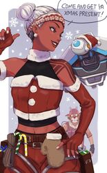  1boy 2gou absurdres animal_costume apex_legends bad_id bad_twitter_id belt brown_belt brown_eyes candy candy_cane commentary crop_top d.o.c._health_drone dark-skinned_female dark_skin dasher_octane detached_sleeves double_bun drone english_text eyeshadow female food fur_trim googly_eyes grey_eyeshadow hair_bun hand_on_own_hip hat highres lifeline_(apex_legends) makeup octane_(apex_legends) pants parted_lips pointing pointing_at_self red_pants reindeer_costume santa_hat science_fiction smile solo_focus speech_bubble symbol-only_commentary white_hair 