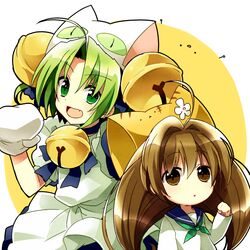  2girls :d :x animal_ears animal_hat apron bell blue_dress blue_sailor_collar bow bowtie brown_eyes brown_hair cat_ears cat_hat clenched_hand dejiko di_gi_charat dress gema green_eyes green_neckwear hair_bell hair_ornament hair_over_eyes hat lolicon mittens multiple_girls neckerchief oerba_yun_fang open_mouth puchiko sailor_collar shirt simple_background skin_fang smile toro_(shiro) white_apron white_background white_mittens white_shirt 