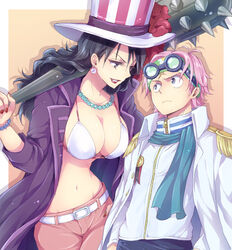  0aoiurn0 1boy alvida_(one_piece) bikini bikini_top_only black_hair blue_scarf border bracelet breasts brown_background cleavage club_(weapon) commentary_request earrings epaulettes female frown goggles goggles_on_head grey_eyes hat headband height_difference holding holding_weapon jacket jewelry kanabou koby_(one_piece) large_breasts lipstick long_hair looking_at_another makeup military military_uniform nail_polish necklace one_piece open_clothes open_jacket pink_hair plume purple_jacket red_lips red_nails scar scar_on_face scar_on_forehead scarf shirt spiked_club striped_clothes striped_headwear swimsuit uniform upper_body weapon white_bikini white_border white_shirt 