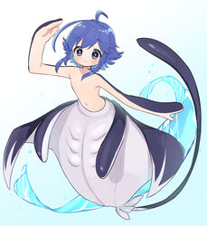  absurdres ahoge blue_eyes blue_hair blush closed_mouth commission completely_nude extra_arms female fins flat_chest gills highres iruka_(tama) looking_at_viewer manta_ray_girl monster_girl navel nude original second-party_source sidelocks skeb_commission smile solo sukoyaka_(100hituzi) taur 