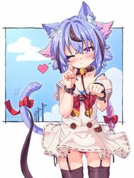  1other :3 absurdres androgynous animal_ears ass_visible_through_thighs bell blue_hair blue_sky blush cat_ears cat_tail cloud commentary cowboy_shot dress etogami_kazuya garter_straps gradient_hair gynoid_talk hair_flaps highres holding holding_leash leash looking_at_viewer meika_mikoto multicolored_hair neck_bell neck_ribbon one_eye_closed other_focus panties pantyshot paw_pose pink_eyes pink_hair red_nails red_panties red_ribbon ribbon sailor_collar skindentation sky smile solo standing tail tail_ornament tail_ribbon underwear utility_pole vocaloid white_dress white_sailor_collar wrist_straps 