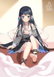  aliter arknights artist_name astesia_(arknights) bare_shoulders barefoot black_hair black_skirt blue_eyes blush braid breasts cleavage closed_mouth collarbone commentary feet female grey_shirt hair_ornament highres knee_up logo long_hair long_sleeves looking_at_viewer medium_breasts o-ring off-shoulder_shirt off_shoulder pillow puffy_long_sleeves puffy_sleeves shirt sitting skirt sleeves_past_wrists solo toenails very_long_hair 