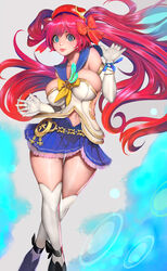  absurdres blue_eyes blue_sailor_collar blue_skirt bow bracelet breasts elbow_gloves female full_body gloves gradient_eyes gradient_hair hairbow headdress highres jewelry large_breasts long_hair looking_at_viewer miniskirt multicolored multicolored_eyes multicolored_hair mushihime-sama_futari navel orange_bow orange_hair purple_hair randy_(awesomevillage) reco sailor_collar skirt solo thighhighs twintails very_long_hair white_gloves white_legwear yellow_bow 