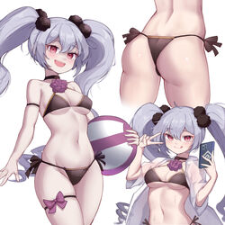  absurdres ahoge ass ball beachball bikini black_bikini breasts cleavage collar colored_eyelashes female grey_hair guardian_tales highres holding holding_phone medium_breasts multiple_views navel necromancer_noxia open_mouth phone sliverdog smile sweat swimsuit thighs twintails v white_background 