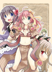  1boy 3girls :d ahoge bikini bikini_top_only black_bikini black_shorts blacksmith_(ragnarok_online) blue_eyes blush bow breasts brown_bikini brown_capelet brown_gloves brown_hair brown_hairband capelet cleavage closed_mouth commentary_request detached_sleeves feet_out_of_frame feline fingerless_gloves fur-trimmed_sleeves fur_trim gloves green_eyes green_hair hair_between_eyes hairband hairbow light_brown_hair long_hair looking_at_viewer looking_to_the_side medium_breasts multiple_girls one_eye_closed open_mouth outline pelvic_curtain pink_bow pink_hair purple_sleeves ragfes ragnarok_online red_eyes sage_(ragnarok_online) shindo_hachigo shirt short_hair shorts smile sniper_(ragnarok_online) stalker_(ragnarok_online) striped_capelet striped_clothes striped_gloves swimsuit white_outline white_shirt yellow_bow 