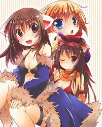  3girls :d bikini black_shirt black_shorts blonde_hair blue_cape blue_eyes blue_sleeves blush breasts brown_eyes brown_hair cape chestnut_mouth cleavage closed_mouth clothing_cutout commentary_request detached_sleeves feet_out_of_frame fur-trimmed_cape fur-trimmed_sleeves fur_trim hair_between_eyes hair_ribbon hairband large_breasts long_hair looking_at_viewer mechanic_(ragnarok_online) multiple_girls navel ninja_(ragnarok_online) one_eye_closed open_mouth ragnarok_online red_bikini red_eyes red_hairband red_ribbon ribbon shindo_hachigo shirt short_shorts shorts smile stalker_(ragnarok_online) stomach_cutout striped striped_background swimsuit waist_cape 