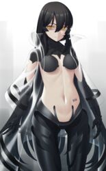  absurdres act_(xadachit) barcode barcode_tattoo black_hair breasts closed_mouth coat female girls&#039;_frontline hair_between_eyes highres isomer_hivemind_(girls&#039;_frontline) long_hair mechanical_arms mechanical_legs navel nyto_(girls&#039;_frontline) paradeus see-through solo tattoo very_long_hair yellow_eyes 