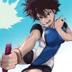  aragaki_nagisa breasts brown_hair commentary_request female hanebado! large_breasts looking_at_viewer mole mole_under_mouth open_mouth racket red_eyes short_hair simple_background solo spiked_hair sportswear sweat yazwo 