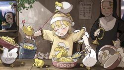  &gt;_&lt; 3girls :&lt; ^_^ animal_on_head bib bird bird_on_head blonde_hair body_writing bowl broccoli brown_eyes brown_hair bucket bugle carrot chicken closed_eyes clothes_pull clumsy_nun_(diva) commentary corn dawn diva_(hyxpk) drooling duck duck_print duckling earthworm english_commentary flower food froggy_nun_(diva) green_hat habit hair_flower hair_ornament hairclip hand_on_own_hip hanging_plant hat highres holding holding_bucket holding_instrument indoors instrument little_nuns_(diva) mini_flag mole mole_under_eye mouth_hold multiple_girls nightcap nose_bubble nun object_on_head on_head ostrich pajamas peeping poster_(object) pulling red_flag shirt shirt_pull sigh sign sleeping sleeping_upright snoring strict_nun_(diva) string sweatdrop tongue tongue_out traditional_nun trowel vegetable whistle window worm yellow_hat yellow_shirt 