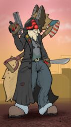  anthro digital_media_(artwork) fur gun handgun hyena johmn machine male mammal pistol postal_(series) postal_4 postal_dude protogen ranged_weapon running_with_scissors_(company) screen simple_background sirawox smile solo spotted_hyena weapon 