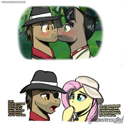  1:1 amber_eyes biff_(mlp) blue_eyes blush caballeron_(mlp) clothing conditional_dnp dialogue duo english_text equid equine eye_patch eyewear face_to_face fedora feral five_o&#039;clock_shadow fluttershy_(mlp) friendship_is_magic green_eyes hasbro hat headgear headwear horse jcosneverexisted male mammal my_little_pony pony text touching_face 