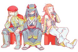  3boys assassin&#039;s_creed_(series) assassin&#039;s_creed_ii beard beret bravely_default:_flying_fairy bravely_default_(series) ciggma_khint crossover facial_hair gloves hat headband leonardo_da_vinci long_hair male_focus multiple_boys nishihara_isao open_mouth red_hair renaissance_clothes sitting tales_of_(series) tales_of_symphonia yawning zelos_wilder 