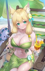  :3 absurdres animal_ear_fluff animal_ears argentum_2o bare_shoulders beach beach_chair beach_umbrella bikini bikini_top_only blonde_hair bracelet breasts cherry chiffon_(maimai) cleavage cup drinking_straw female food fruit green_eyes hair_between_eyes hand_on_own_chest highres holding holding_cup jewelry large_breasts long_hair looking_at_viewer low_twintails maimai_(game) orange_(fruit) orange_slice sand shiny_skin sitting solo strapless strapless_bikini swimsuit thick_eyebrows thighs twintails umbrella water 