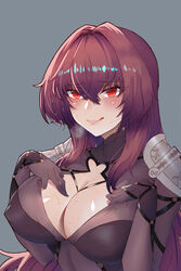  absurdres armor blush bodysuit breasts cleavage commentary covered_nipples fate/grand_order fate_(series) female hair_intakes highres kongbai_huanxiang large_breasts leotard long_hair looking_at_viewer naughty_face pauldrons photoshop_(medium) purple_bodysuit purple_hair purple_leotard red_eyes scathach_(fate) shoulder_armor solo sweat tongue tongue_out torn_clothes 