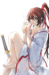  absurdres barefoot brown_eyes brown_hair cup feet female foot_out_of_frame hair_ribbon hakama hakama_skirt high_ponytail highres holding holding_cup japanese_clothes jigokuraku katana kimono knee_up legs long_hair looking_at_object mon_(icebuko) partially_undressed red_ribbon ribbon simple_background skirt solo sword toes weapon white_background white_hakama white_kimono yamada_asaemon_sagiri 