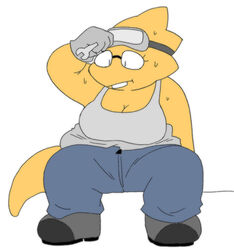  2020 alphys alpi anthro archived_source big_breasts bodily_fluids bottomwear breasts buckteeth cleavage clothed clothing eyewear female footwear fully_clothed glasses gloves goggles handwear holding_object holding_tool holding_wrench looking_down non-mammal_breasts pants reptile safety_goggles scales scalie shirt shoes simple_background sitting solo sweat tail tank_top teeth thick_tail tools topwear undertale undertale_(series) wrench yellow_body yellow_scales 