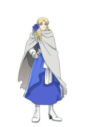  blonde_hair blue_dress cloak dress drill_hair fate_(series) female flower grey_cloak hair_flower hair_ornament hazu_(schiro000) high_heels highres lord_el-melloi_ii_case_files luviagelita_edelfelt parted_bangs simple_background solo white_background white_footwear white_sleeves yellow_eyes 