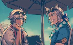  01rosso 2boys alternate_costume animal_ears bad_id bad_pixiv_id blue_eyes closed_eyes erune facial_hair granblue_fantasy long_hair lucio_(granblue_fantasy) lucio_(summer)_(granblue_fantasy) male_focus multiple_boys sevastian_(granblue_fantasy) short_hair sunglasses white_hair 