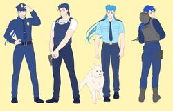  1other alternate_costume animal back belt blue_hair boots bulletproof_vest canine closed_mouth collared_shirt contemporary cu_chulainn_(caster)_(fate) cu_chulainn_(fate) cu_chulainn_(fate/prototype) cu_chulainn_(fate/stay_night) cu_chulainn_alter_(fate) earrings facepaint fate/grand_order fate/prototype fate/stay_night fate_(series) floating_hair from_behind full_body grin gun hand_on_own_hip handgun hat helmet highres holding holding_gun holding_weapon jewelry legband long_hair long_sleeves looking_at_viewer looking_back multiple_views muscular necktie one_eye_closed pants police police_badge police_dog police_hat police_uniform policeman ponytail red_eyes saku_(saksak1100) shirt short_sleeves simple_background skin_tight smile spiked_hair swat uniform weapon white_wolf wolf 