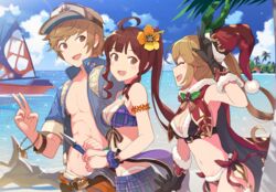  1boy 2girls ahoge beach bikini boat bracelet breasts brown_eyes brown_hair cape clarisse_(granblue_fantasy) day diantha_(granblue_fantasy) flower gloves gran_(granblue_fantasy) gran_(summer)_(granblue_fantasy) granblue_fantasy hair_flower hair_ornament hat hinami_(hinatamizu) jewelry medium_breasts multiple_girls navel ocean official_alternate_costume outdoors santa_bikini santa_hat side_ponytail swimsuit sword v visor_cap watercraft weapon 