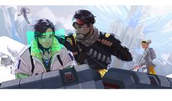  2boys 2gou apex_legends bad_id bad_twitter_id black_gloves black_hair commission crypto_(apex_legends) cyborg double_bun drone facial_hair female fingerless_gloves gloves goggles goggles_on_head green_sleeves grey_jacket gun hack_(apex_legends) hair_bun highres holding holding_gun holding_weapon holographic_interface in-universe_location jacket jewelry lifeline_(apex_legends) looking_down male_focus mirage_(apex_legends) multiple_boys necklace one_eye_closed parted_hair peak_performer_lifeline pointing pointing_at_self science_fiction skeb_commission stubble weapon white_hair world&#039;s_edge 