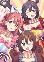  3girls :d :o animal_hands azuna_(love_live!) black_eyes black_hair blue_eyes blush bow brown_hair collarbone commentary deadnooodles gloves hair_between_eyes hair_bun hair_ornament highres infinity!_our_wings!! long_hair looking_at_viewer love_live! love_live!_nijigasaki_high_school_idol_club medium_hair mittens multiple_girls one_eye_closed one_side_up orange_hair osaka_shizuku paw_gloves paw_print pink_bow puffy_short_sleeves puffy_sleeves red_bow short_sleeves sidelocks single_side_bun smile striped striped_bow symbol-only_commentary uehara_ayumu yellow_eyes yuki_setsuna_(love_live!) 