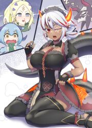  3girls albaz_(yu-gi-oh!) black_dress black_thighhighs blonde_hair blood blue_hair breasts clothes_lift commentary dark_skin dragon dragon_girl dragon_tail dragonmaid_sheou dress duel_monster ecclesia_(yu-gi-oh!) fallen_of_albaz feet_out_of_frame fusion gameplay_mechanics genderswap_(mtf) grey_eyes hair_strand highres horns incredible_ecclesia_the_virtuous large_breasts laundry_dragonmaid maid multicolored_hair multiple_girls nosebleed one_eye_closed pointy_ears red_eyes red_hair rule_63 scar sharp_teeth sitting skirt skirt_lift solo_focus surprised tail teeth thighhighs white_hair yata_masahara yellow_eyes yu-gi-oh! yuri 