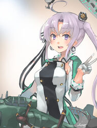  ahoge aircraft airplane akitsushima_(kancolle) armpit_cutout bad_id bad_twitter_id clothing_cutout commentary_request female flying_boat gloves gradient_background h8k hair_ornament hair_ribbon hat highres jacket kantai_collection long_hair looking_at_viewer military military_uniform mini_hat purple_eyes purple_hair ribbon side_ponytail sidelocks solo sunday_aki uniform v white_background white_gloves 