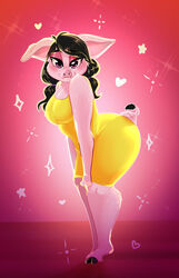  2021 absurd_res anthro bite biting_lip biting_own_lip black_hair breasts clothed clothing cloven_hooves curvy_figure domestic_pig dress female full-length_portrait fur hair hi_res hooves leaning leaning_forward looking_at_viewer looney_tunes mammal petunia_pig pink_body pink_fur portrait self_bite side_view solo suid suina sus_(pig) the_looney_tunes_show twintails unfinishedheckery warner_brothers yellow_clothing yellow_dress 