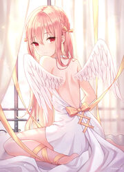  angel angel_wings artist_name back backless_dress backless_outfit bare_arms bare_shoulders barefoot closed_mouth commentary_request curtains dress feathered_wings female hair_ribbon halter_dress halterneck highres indoors long_hair looking_at_viewer looking_back original pink_hair red_eyes ribbon sitting solo soyubee wariza white_dress wings 