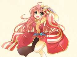  ahoge animal_around_neck arm_up armpits bangle blush bow bracelet breasts commentary_request dagger detached_sleeves dress female foot_out_of_frame fox green_eyes holding holding_dagger holding_knife holding_weapon jewelry knife long_hair looking_at_viewer medium_breasts open_mouth pelvic_curtain pink_hair professor_(ragnarok_online) ragnarok_online red_dress red_sleeves reverse_grip shindo_hachigo shirt simple_background sleeveless sleeveless_dress sleeveless_shirt smile solo standing standing_on_one_leg striped_sleeves very_long_hair weapon yellow_background yellow_bow yellow_sleeves 