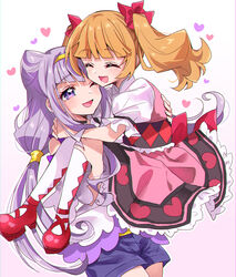  2girls :d ;d ^_^ aisaki_emiru argyle_clothes argyle_legwear bad_id bad_pixiv_id blonde_hair blouse blunt_bangs blush bow carrying closed_eyes commentary cone_hair_bun cowboy_shot dress eru gradient_background hair_bun hairbow heart heart_print hugtto!_precure long_hair multiple_girls one_eye_closed open_mouth pantyhose pink_background pink_dress precure princess_carry print_dress purple_eyes purple_hair purple_shorts red_bow red_footwear ruru_amour shirt shoes shorts single_hair_bun smile twintails white_background white_legwear white_shirt 