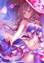  absurdres bare_shoulders bikini blue_bikini blue_eyes blush breasts cleavage collarbone fate/grand_order fate_(series) female hat highres jewelry long_hair looking_at_viewer marie_antoinette_(fate) marie_antoinette_(swimsuit_caster)_(fate) marie_antoinette_(swimsuit_caster)_(third_ascension)_(fate) medium_breasts navel necklace sarong sidelocks smile solo straw_hat swimsuit totomiya twintails very_long_hair white_hair 