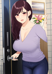  blush breasts brown_eyes brown_hair cleavage collarbone denim door doorway earrings female grey_shirt gyouza_teishoku highres jeans jewelry large_breasts lips long_hair long_sleeves looking_at_viewer mature_female open_door open_mouth original painting_(object) pants parted_lips pov_doorway shirt smile solo standing swept_bangs tile_wall tiles upper_body v-neck 