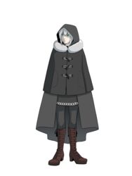  black_cloak boots brown_footwear cloak fate_(series) female fur_collar fur_trim gray_(fate) green_eyes grey_hair hair_between_eyes hazu_(schiro000) highres hood lord_el-melloi_ii_case_files shaded_face short_hair simple_background skirt solo white_background 