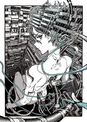  absurdres aqua_eyes assembling bare_shoulders border bright_pupils building cable city closed_mouth commentary_request cyberpunk cyborg feathers female from_above from_behind ghost_in_the_shell gun highres holding holding_gun holding_weapon industrial_pipe kusanagi_motoko looking_back machinery monochrome nude omao outside_border science_fiction short_hair solo subdermal_port translucent_hair transparent weapon white_border 