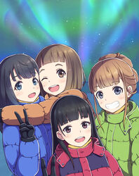  4girls :d ;d aurora bad_id bad_pixiv_id black_gloves black_hair blue_coat blue_eyes blush brown_eyes brown_hair coat gloves green_coat hair_bun highres hug kobuchizawa_shirase long_hair miyake_hinata multiple_girls one_eye_closed open_mouth orange_coat outdoors red_coat shiraishi_yuzuki short_hair single_hair_bun smile sora_yori_mo_tooi_basho tamaki_mari upper_body v yotsushi 