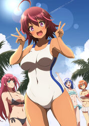  4girls ahoge bikini black_bikini blue_bikini blue_eyes blue_hair blue_sky bokutachi_wa_benkyou_ga_dekinai breasts brown_eyes brown_hair cleavage cloud commentary_request competition_swimsuit cowboy_shot dark-skinned_female dark_skin day double_v flat_chest frilled_bikini frills furuhashi_fumino glasses green_eyes highres kirisu_mafuyu kojirou! large_breasts lens_flare long_hair looking_at_viewer multiple_girls ogata_rizu one-piece_swimsuit outdoors palm_tree pink_hair purple_eyes red_hair short_hair side-tie_bikini_bottom sky swimsuit takemoto_uruka tree two-tone_background v white_one-piece_swimsuit 