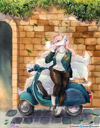  absurd_res anthro biped bottomwear breasts canid canine cigarette clothed clothing cordula detailed_background ear_piercing female fully_clothed fur hair hi_res jacket long_hair mammal motor_scooter motor_vehicle murazaki outside painting_(artwork) pants piercing plant shirt smoke smoking solo standing topwear traditional_media_(artwork) vespa watercolor_(artwork) 