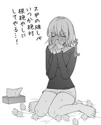  allergy bare_legs barefoot blush closed_eyes female greyscale hay_fever long_sleeves monochrome original ryouma_(galley) shirt shorts simple_background sitting solo tissue tissue_box translated used_tissue wariza white_background white_shorts 