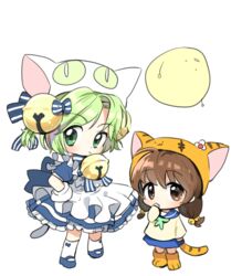  2girls 315_(user_gjx9359) animal_ears animal_hat apron bell blue_dress blue_footwear blue_neckwear blue_pants blue_sailor_collar bow bowtie brown_eyes brown_hair cat_ears cat_hat cat_tail chibi commentary dejiko di_gi_charat dress gema green_eyes green_hair green_neckwear hair_bell hair_ornament hat jingle_bell lolicon looking_at_viewer mittens multiple_girls neckerchief pants paw_shoes puchiko sailor_collar school_uniform shirt shoes short_hair tail twintails white_legwear white_mittens yellow_footwear yellow_shirt yellow_tail 