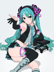  alternate_costume aqua_eyes aqua_hair aqua_necktie arm_support armpits ass bare_shoulders black_gloves black_thighhighs blush boots commentary crop_top elbow_gloves feet_out_of_frame female gloves hair_ornament hand_up hatsune_miku head_tilt headphones headset highres light_smile long_hair looking_at_viewer low-cut_armhole lying midriff navel necktie neon_trim partially_fingerless_gloves shirt sleeveless sleeveless_shirt solo stomach stool thighhighs turbo_engine_(rakugaki_tabo) twintails two-tone_shirt very_long_hair vocaloid 