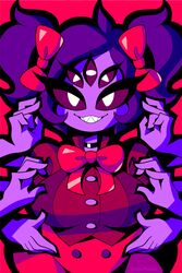  1girls 2d 2d_(artwork) 2d_artwork 6_arms arachnid bow bowtie choker color eroticphobia fully_clothed hair_ribbon highres huge_breasts looking_at_viewer monochrome_background muffet purple_hair purple_skin sharp_teeth signature simple_shading smile sole_female spider tagme twintails undertale undertale_(series) watermark wide_hips 