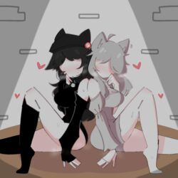  2girls back_to_back blush cat_ears detatched_sleeves hand_on_chin hat heart high_socks mirrored_pose no_face roblox robloxian sitting xqueendoge 