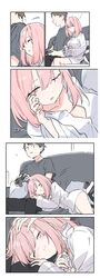  1boy 1girls blush breasts closed_eyes comic couple female game_controller gaming happy head_pat headpat lap_pillow male original original_characters pajamas petting pink_hair playing_videogame sleepy smile wholesome 